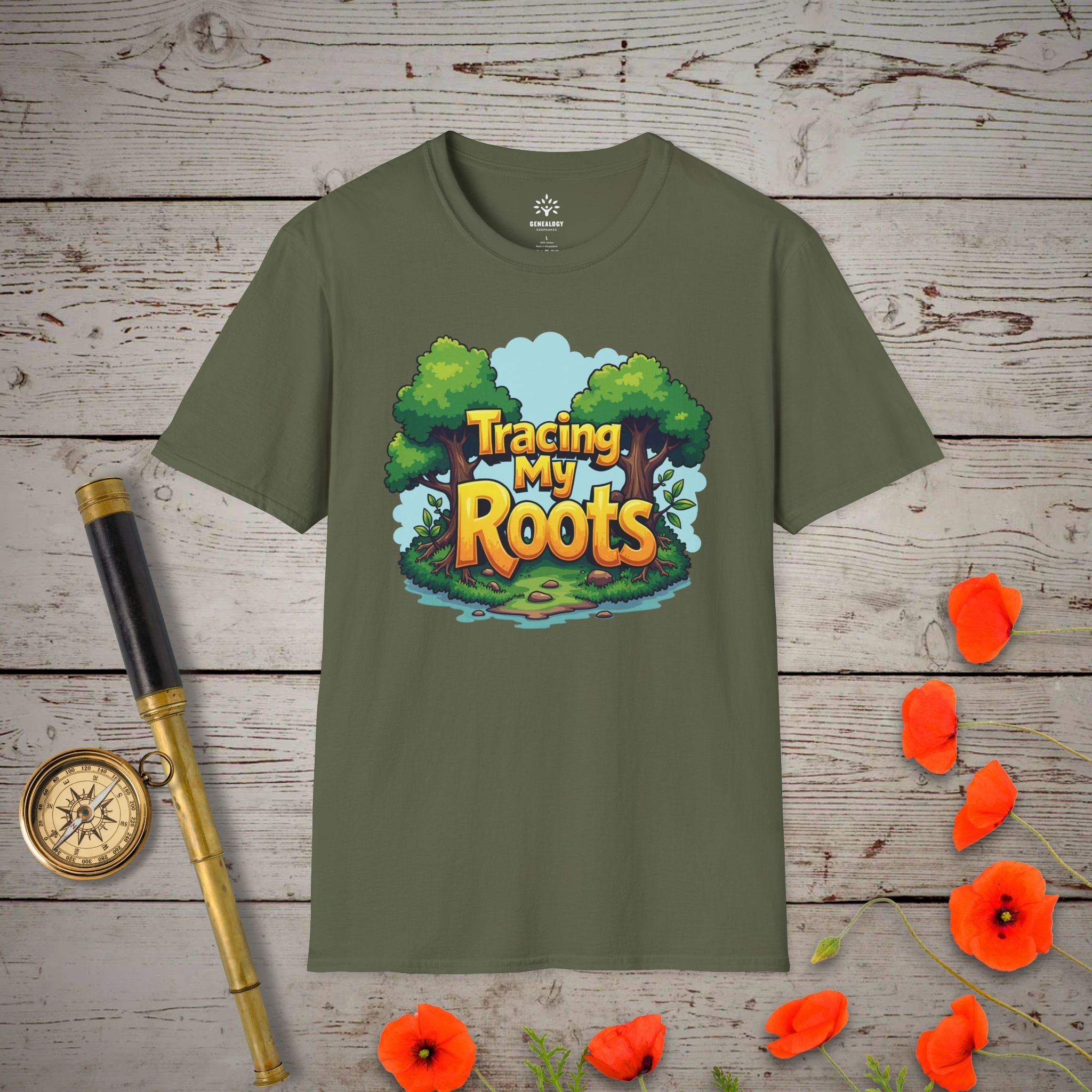 Tracing My Roots T-Shirt in Military Green by Genealogy Keepsakes