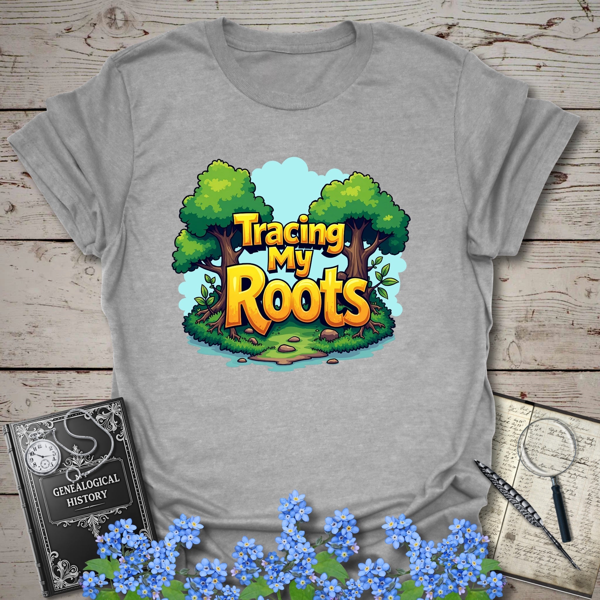 Tracing My Roots T-Shirt in Sport Grey by Genealogy Keepsakes