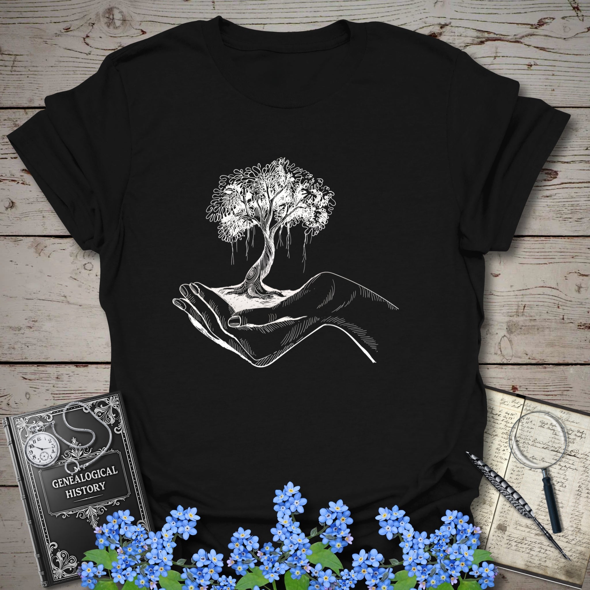 Tree Of Life In Your Hands T-Shirt in Black by Genealogy Keepsakes