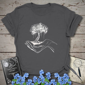 Tree Of Life In Your Hands T-Shirt in Charcoal by Genealogy Keepsakes