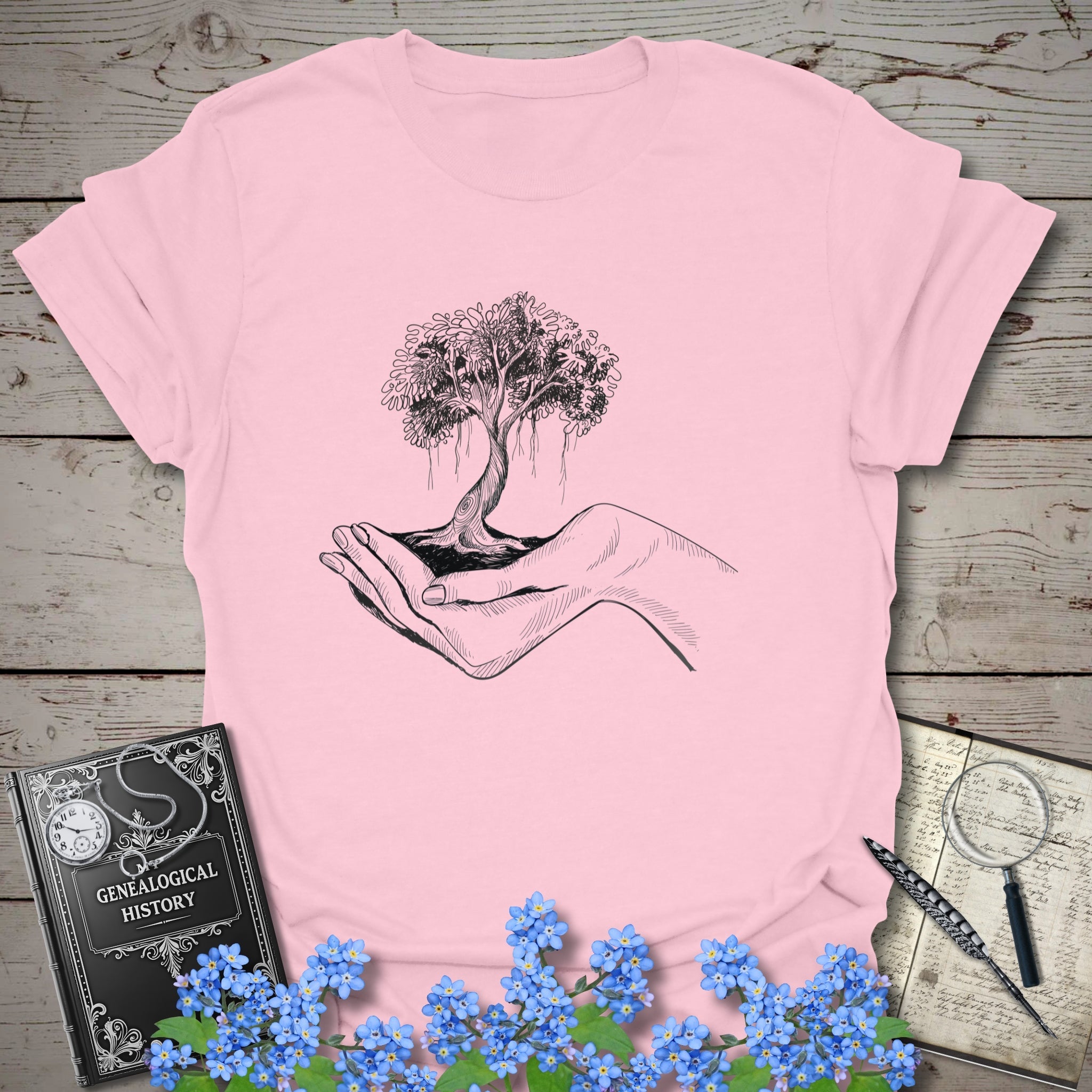 Tree Of Life In Your Hands T-Shirt in Light Pink by Genealogy Keepsakes