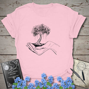 Tree Of Life In Your Hands T-Shirt in Light Pink by Genealogy Keepsakes