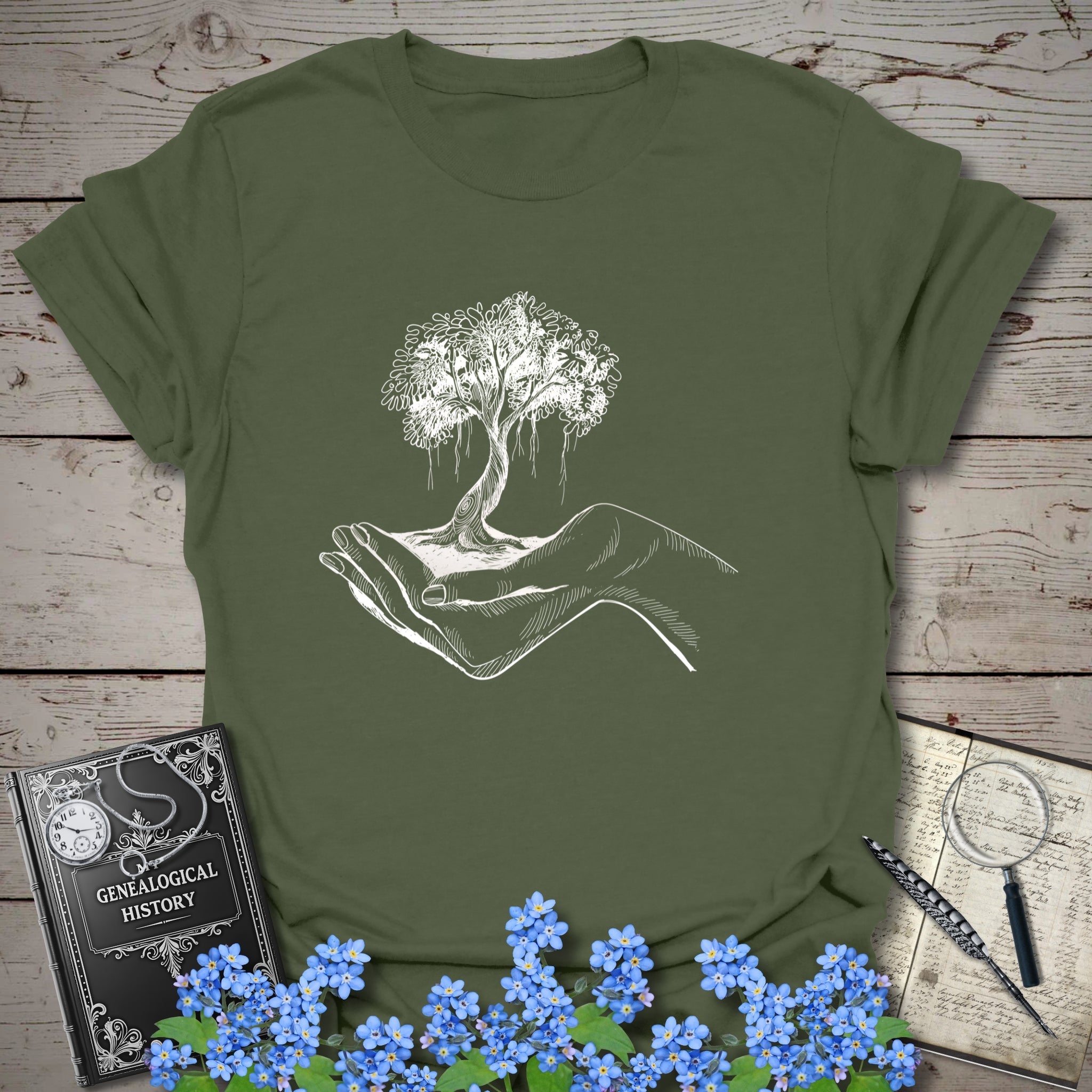 Tree Of Life In Your Hands T-Shirt in Military Green by Genealogy Keepsakes