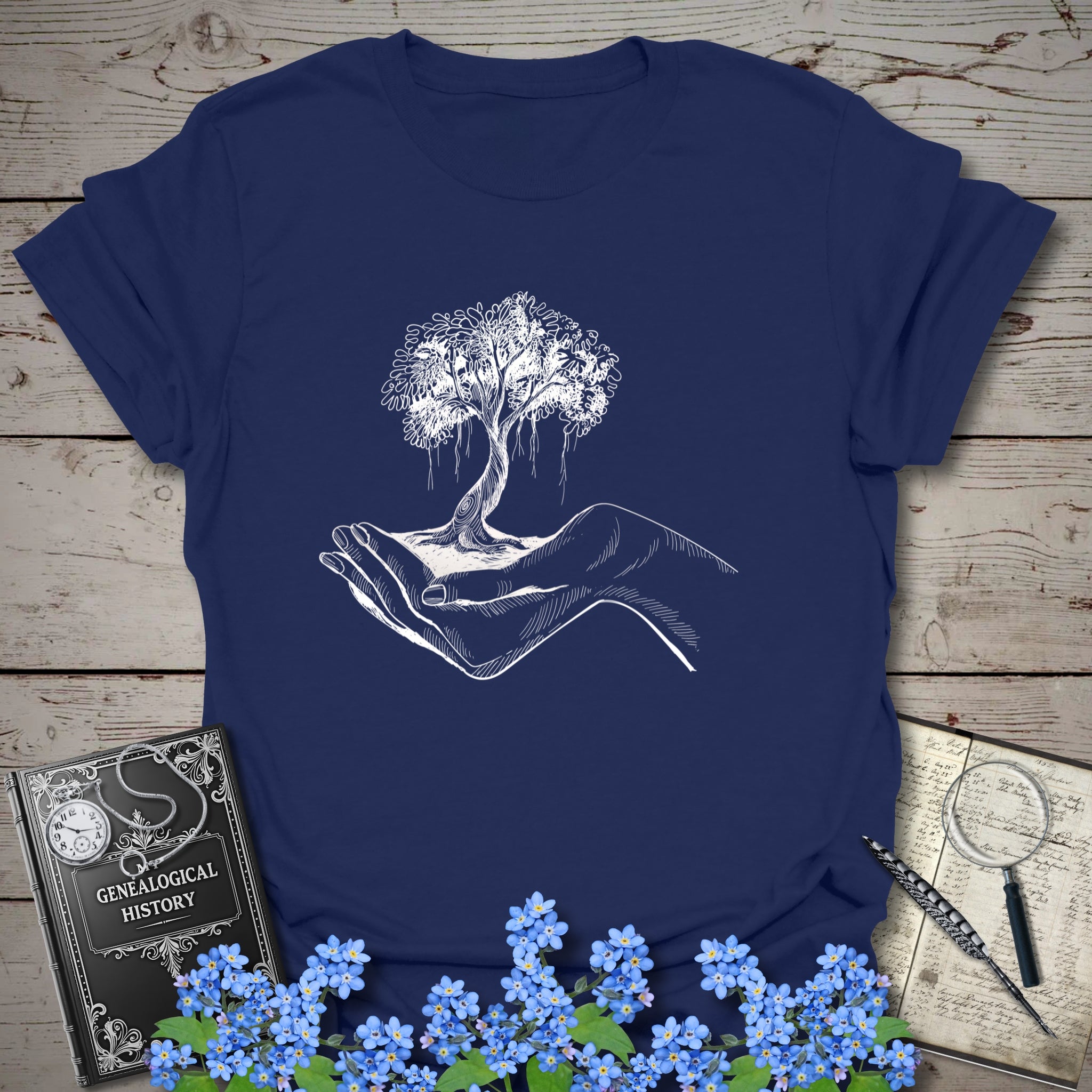 Tree Of Life In Your Hands T-Shirt in Navy by Genealogy Keepsakes