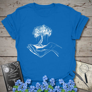 Tree Of Life In Your Hands T-Shirt in Royal by Genealogy Keepsakes