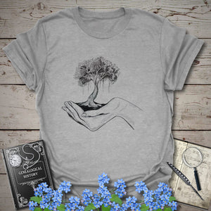 Tree Of Life In Your Hands T-Shirt in Sport Grey by Genealogy Keepsakes