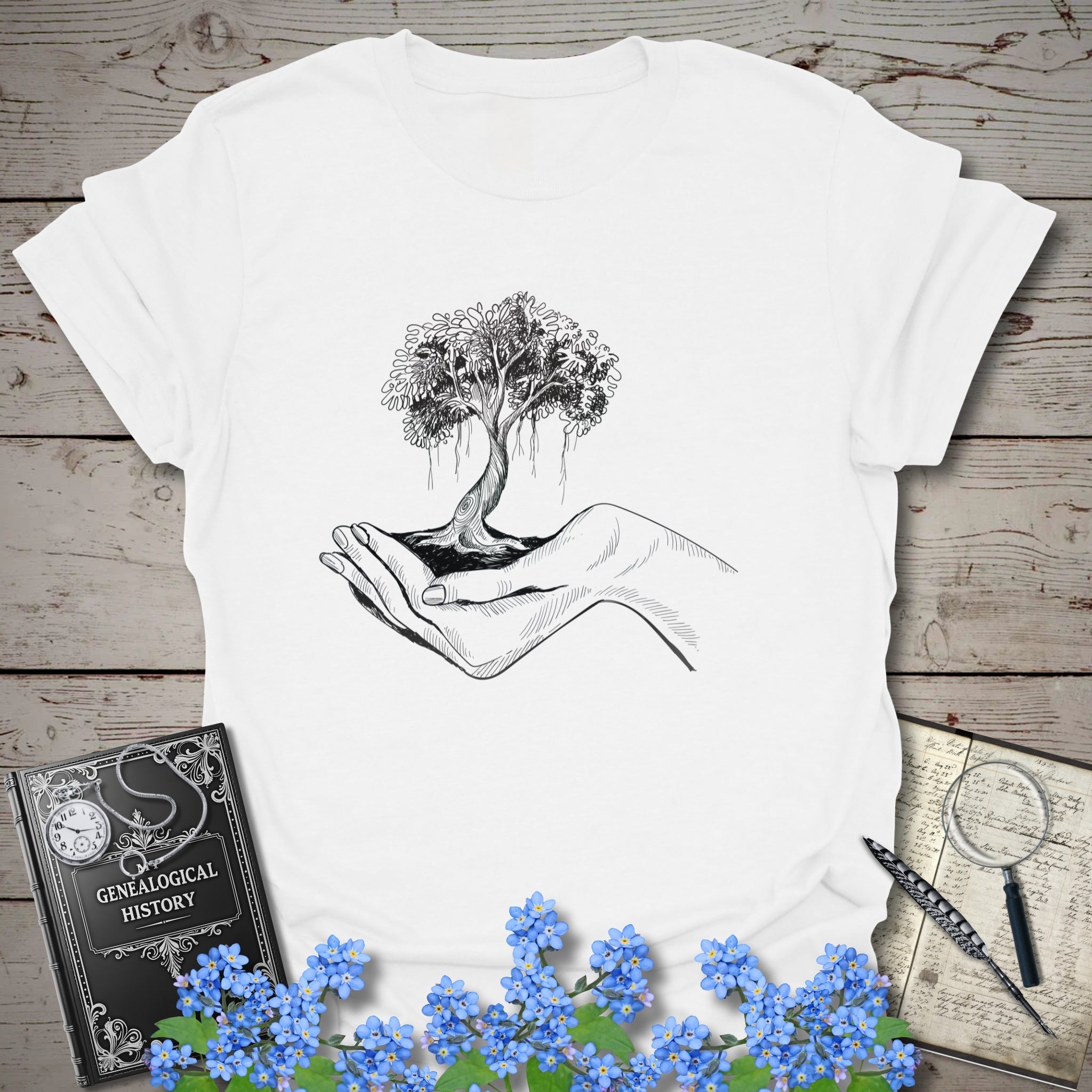 Tree Of Life In Your Hands T-Shirt in White by Genealogy Keepsakes