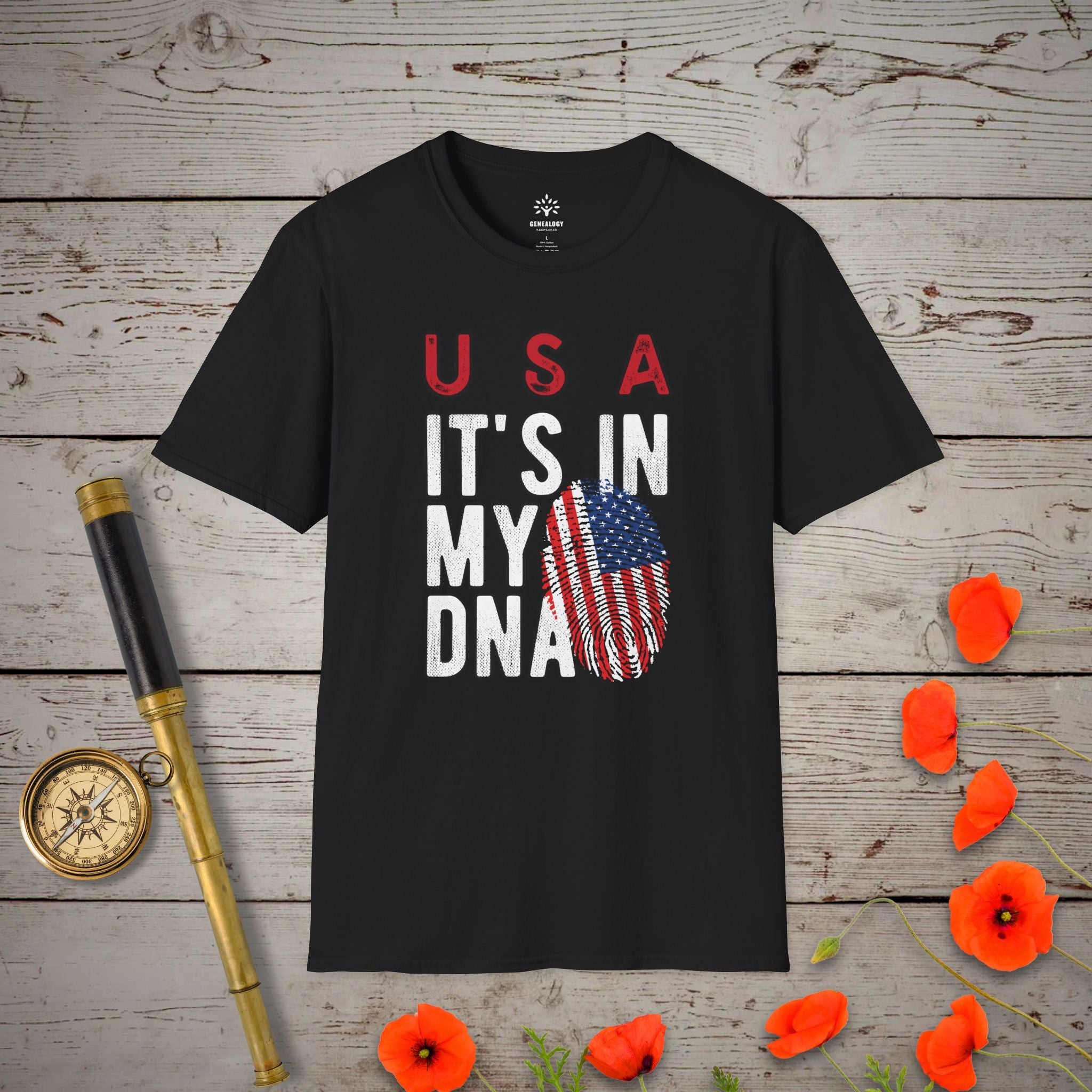 USA - It's In My DNA T-Shirt in Black by Genealogy Keepsakes
