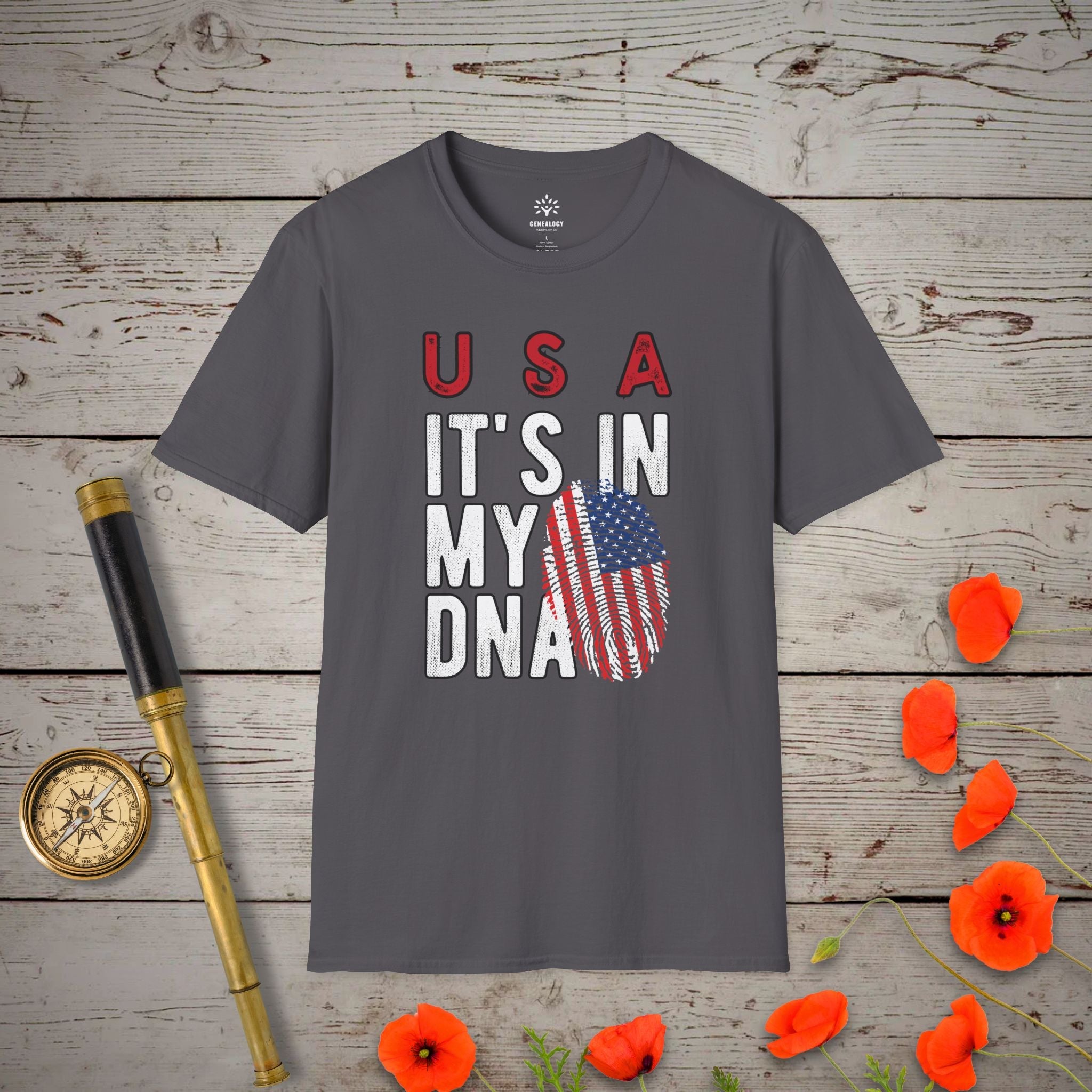 USA - It's In My DNA T-Shirt in Charcoal by Genealogy Keepsakes
