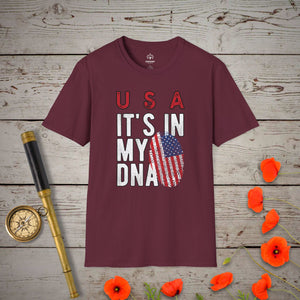 USA - It's In My DNA T-Shirt in Maroon by Genealogy Keepsakes