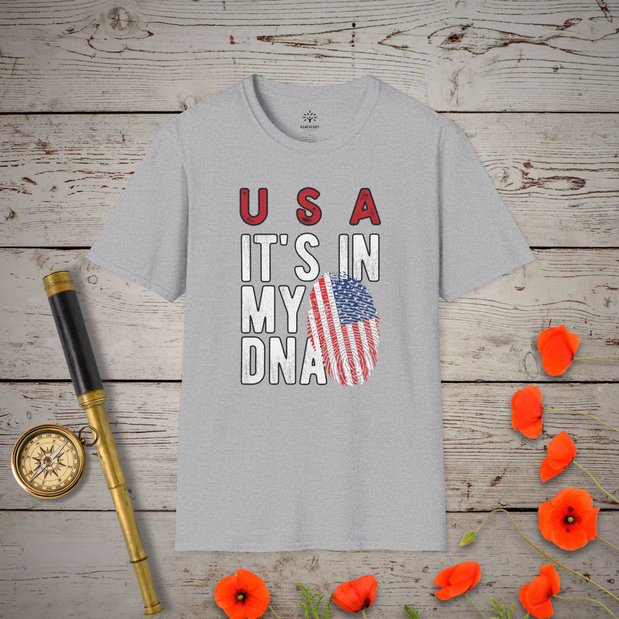 USA - It's In My DNA T-Shirt in Sport Grey by Genealogy Keepsakes
