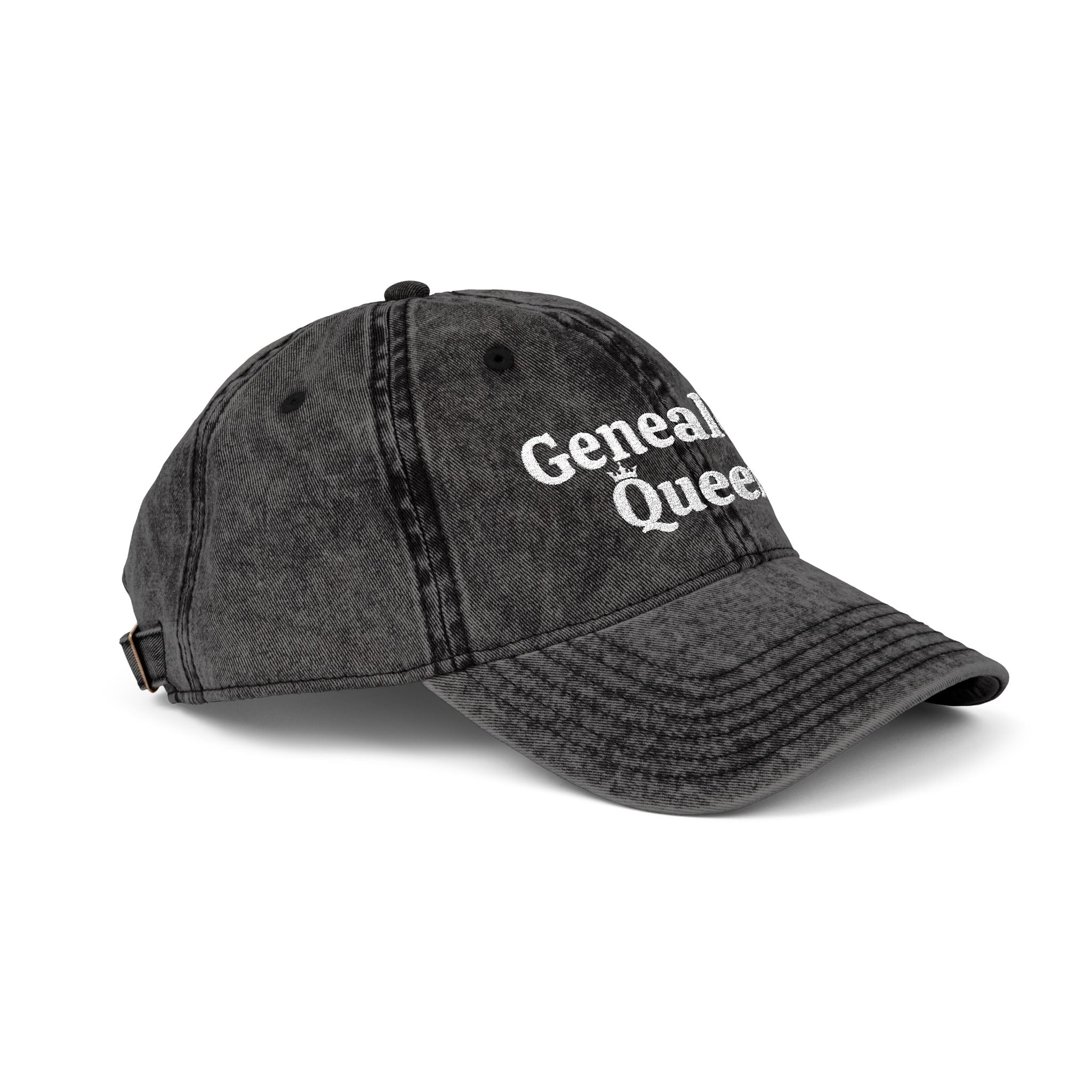 Vintage Genealogy Queen Embroidered Cap in Black by Genealogy Keepsakes
