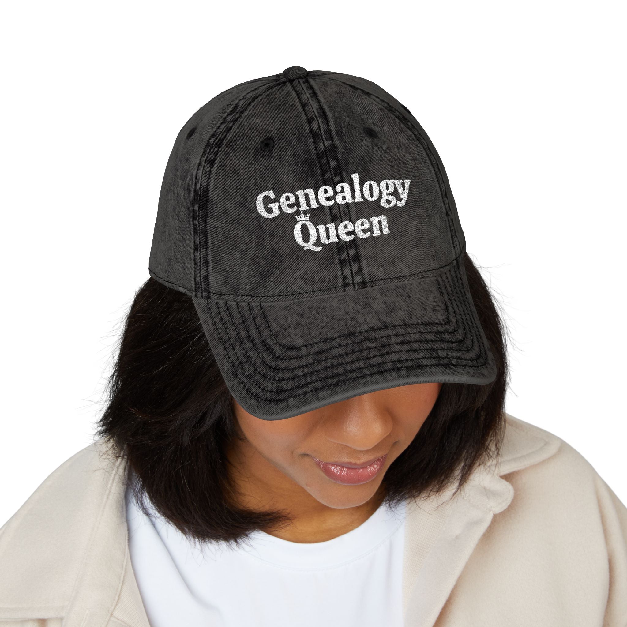 Vintage Genealogy Queen Embroidered Cap in Black by Genealogy Keepsakes