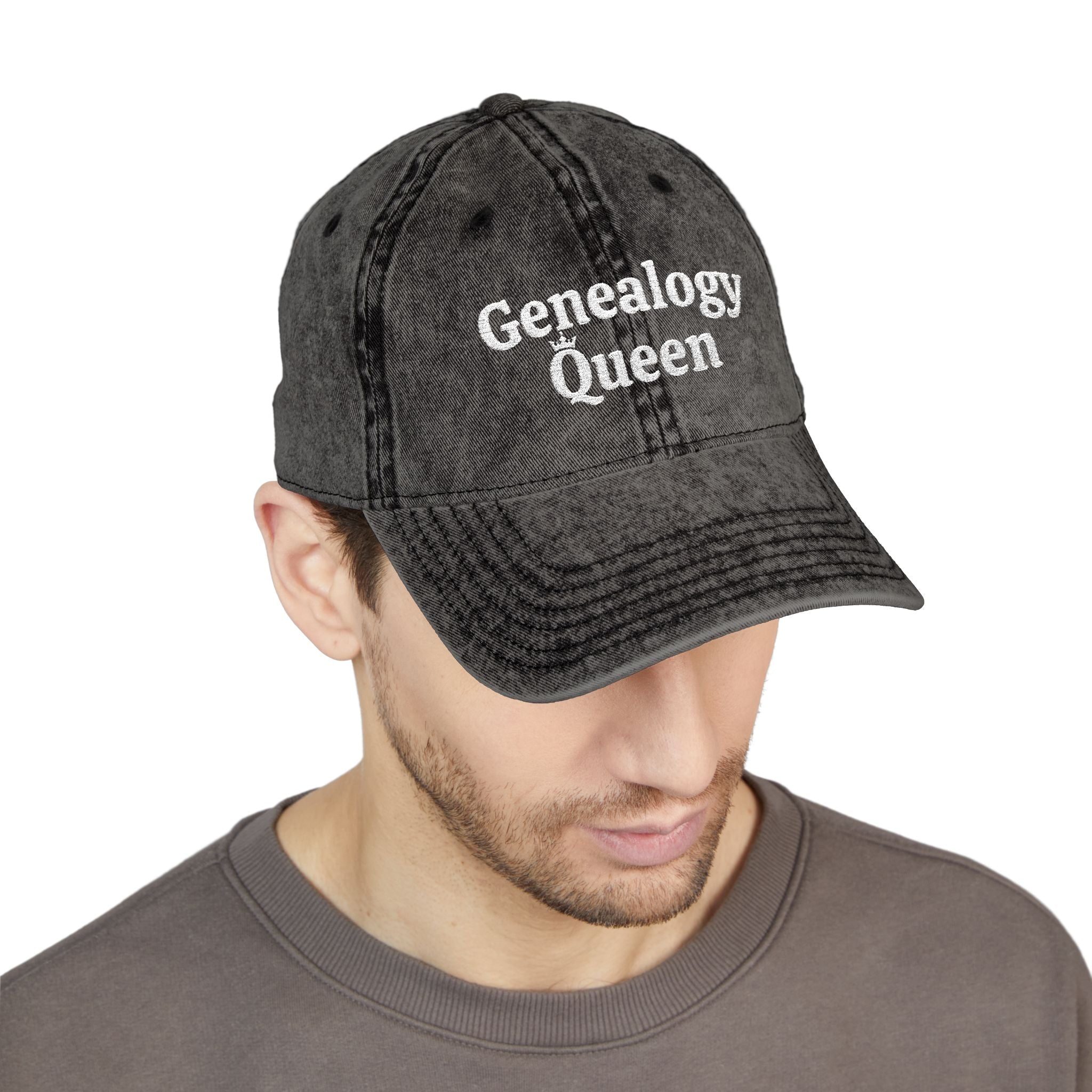Vintage Genealogy Queen Embroidered Cap in Black by Genealogy Keepsakes