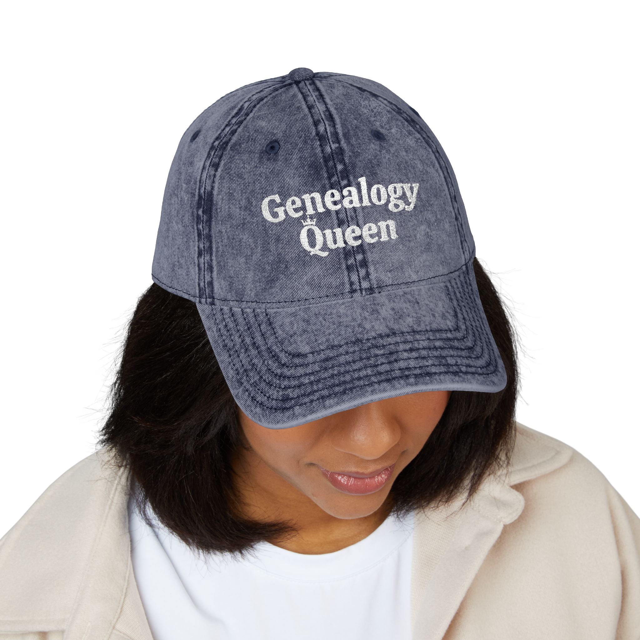 Vintage Genealogy Queen Embroidered Cap in Navy by Genealogy Keepsakes