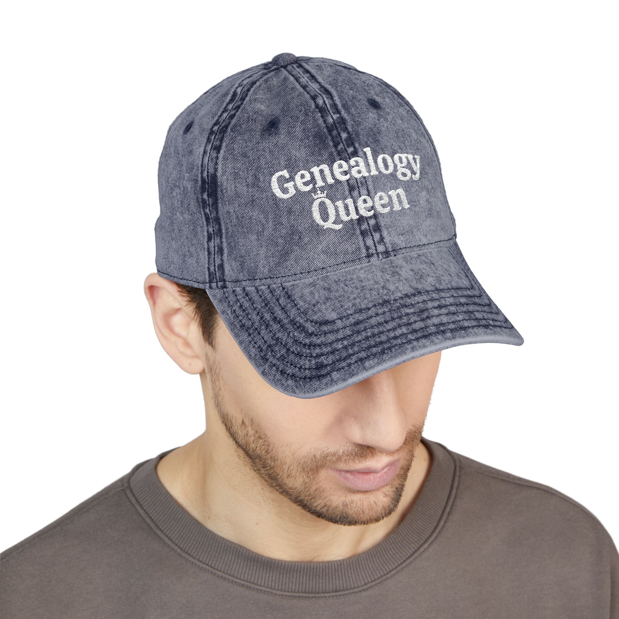 Vintage Genealogy Queen Embroidered Cap in Navy by Genealogy Keepsakes