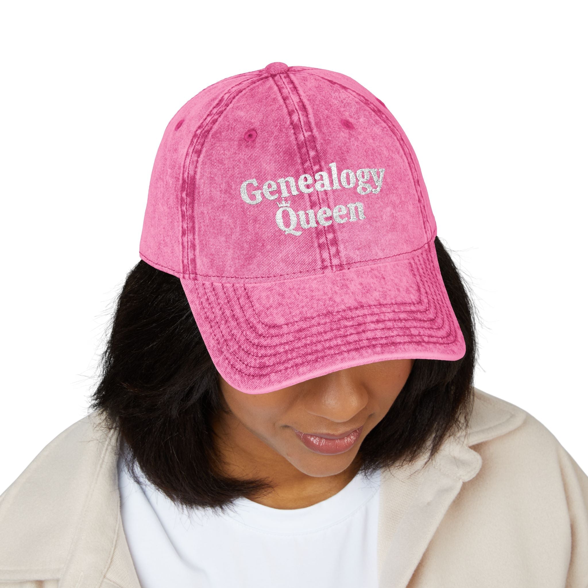 Vintage Genealogy Queen Embroidered Cap in Pink by Genealogy Keepsakes