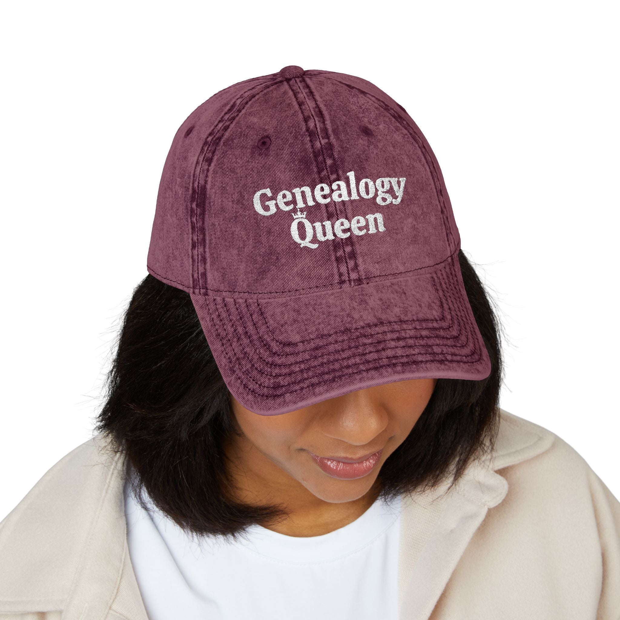Vintage Genealogy Queen Embroidered Cap in Maroon by Genealogy Keepsakes