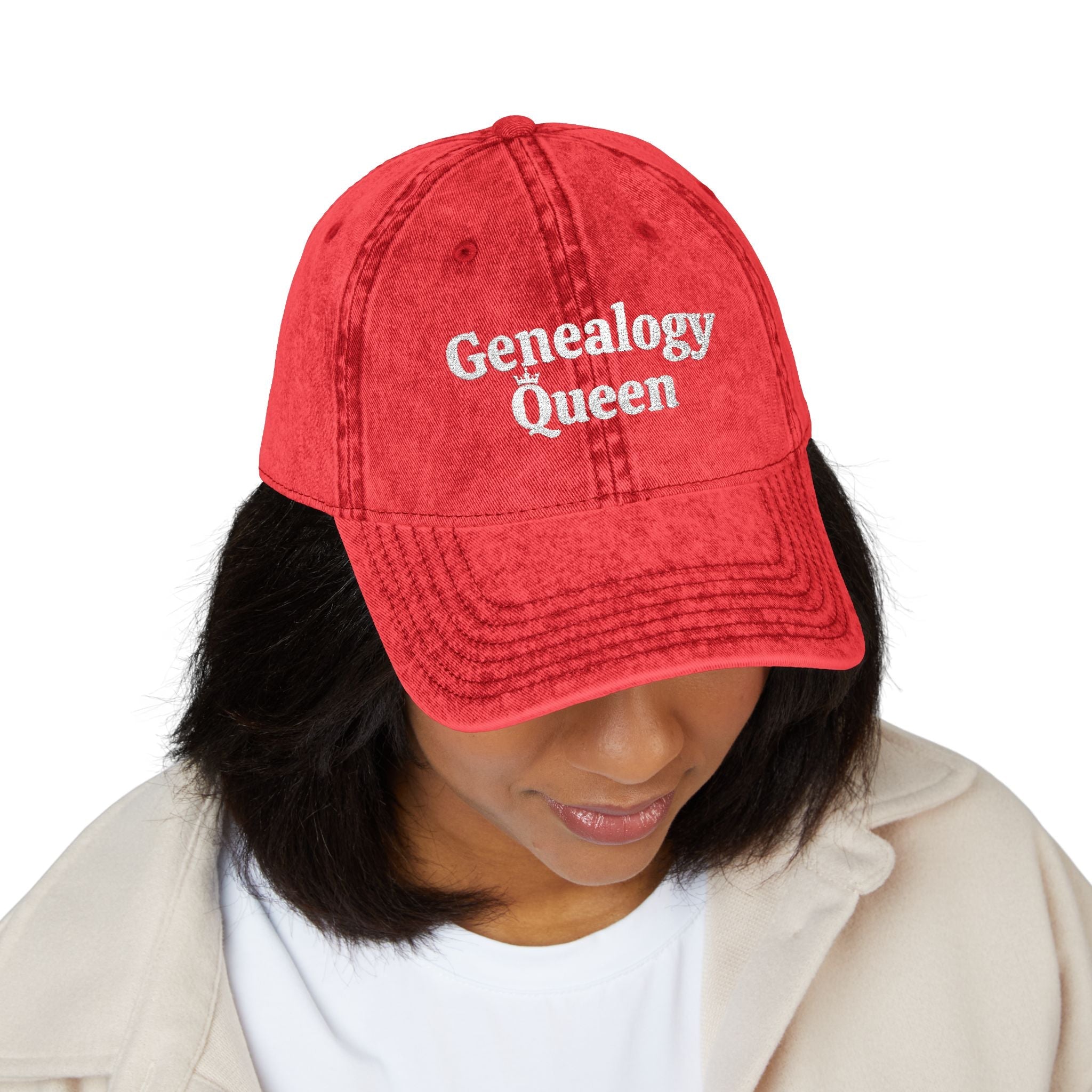 Vintage Genealogy Queen Embroidered Cap in Red by Genealogy Keepsakes