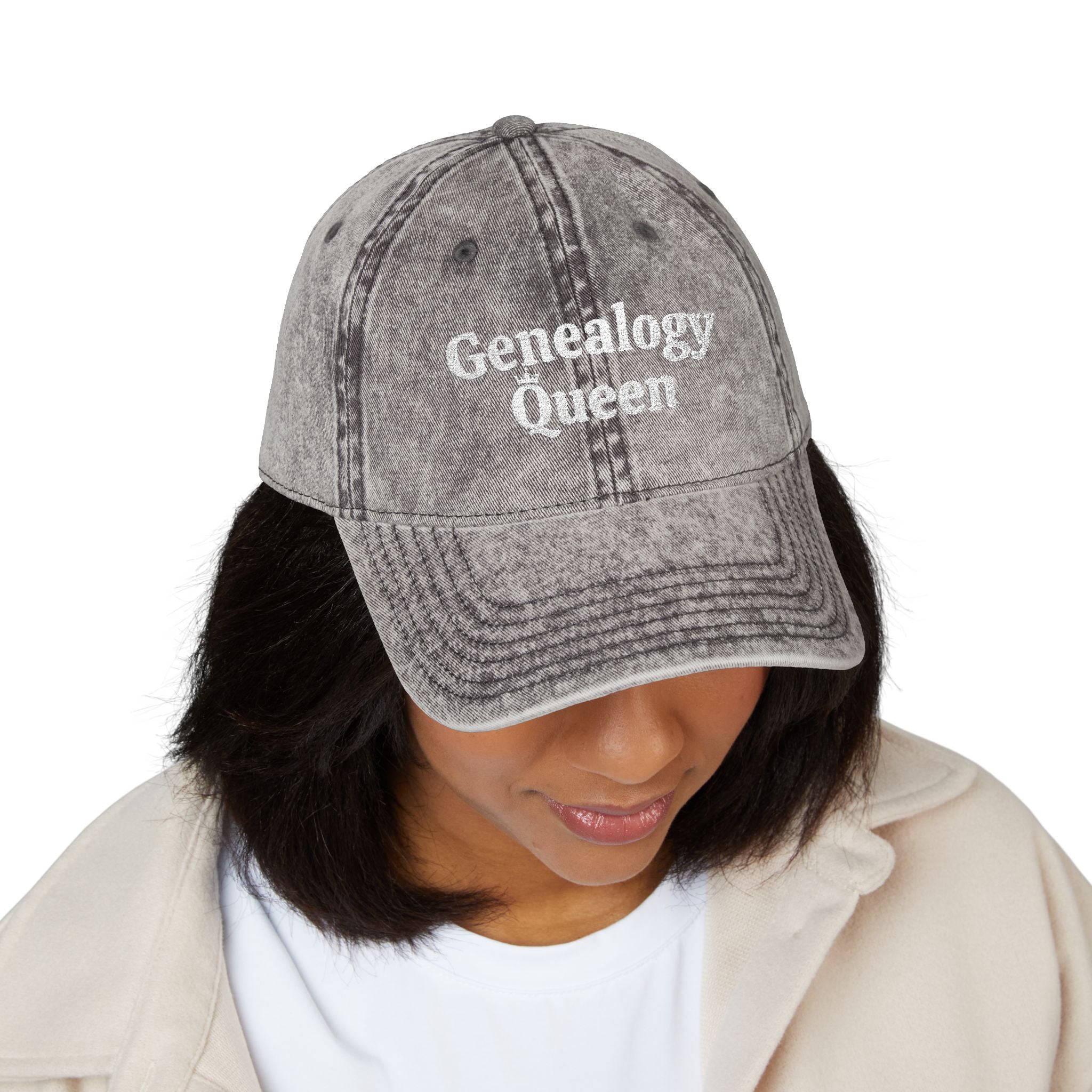 Vintage Genealogy Queen Embroidered Cap in Charcoal Grey by Genealogy Keepsakes