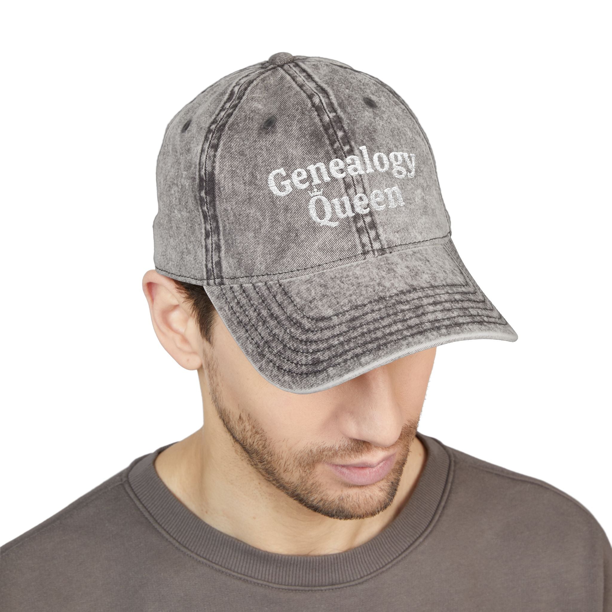 Vintage Genealogy Queen Embroidered Cap in Charcoal Grey by Genealogy Keepsakes