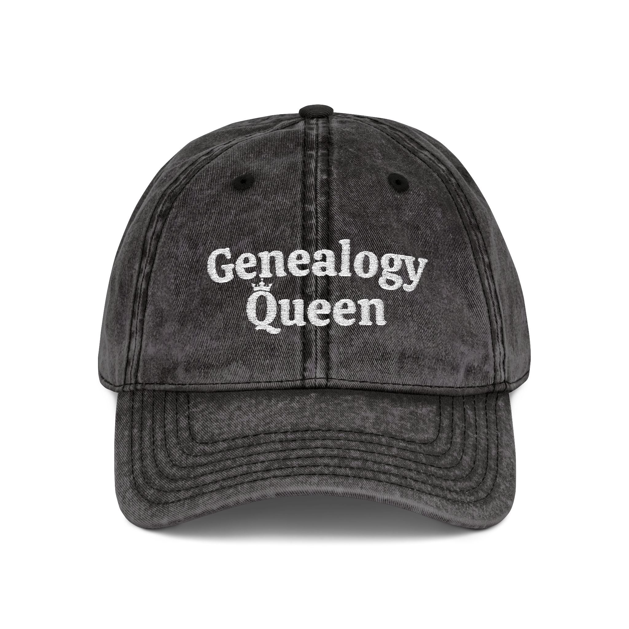 Vintage Genealogy Queen Embroidered Cap in Black by Genealogy Keepsakes