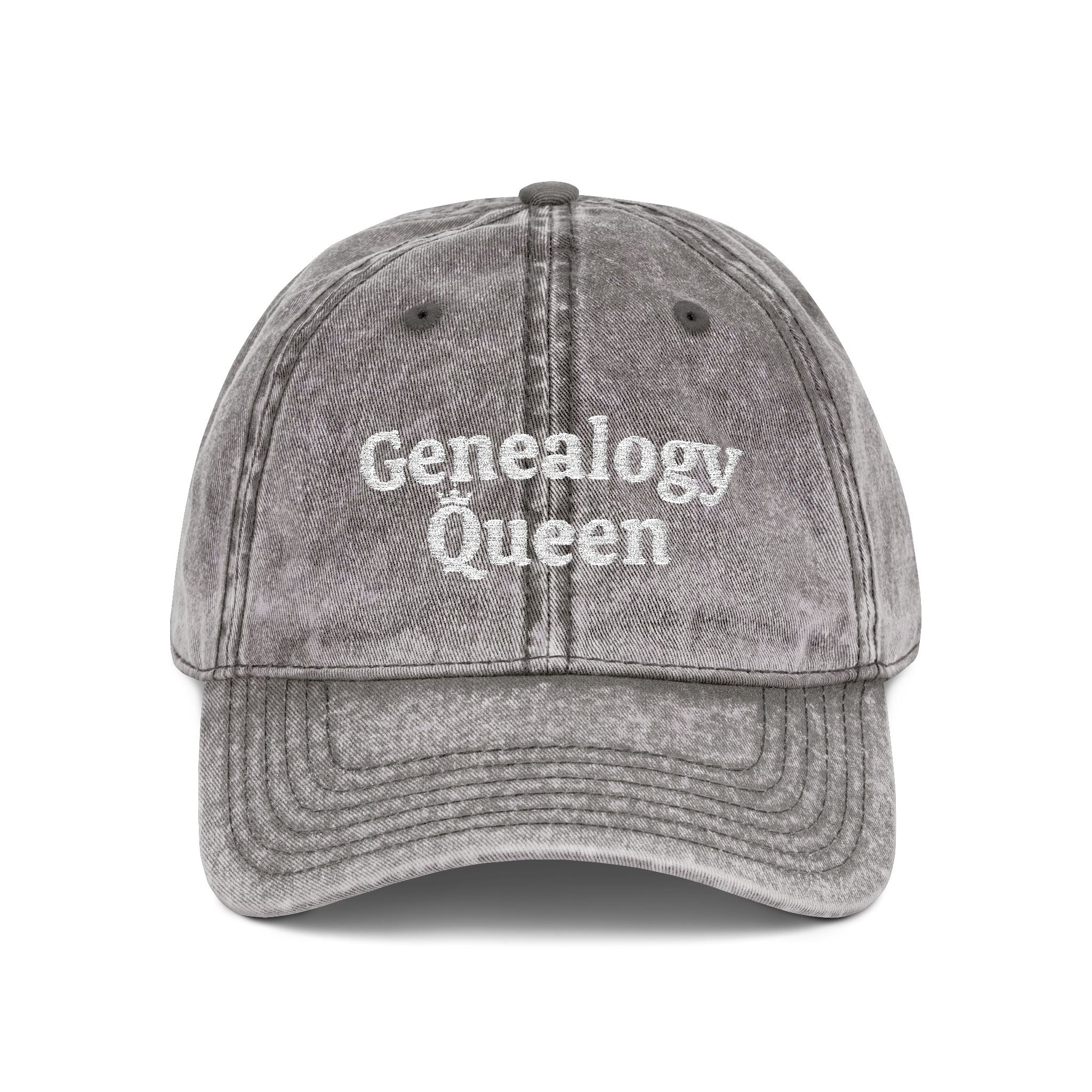 Vintage Genealogy Queen Embroidered Cap in Charcoal Grey by Genealogy Keepsakes