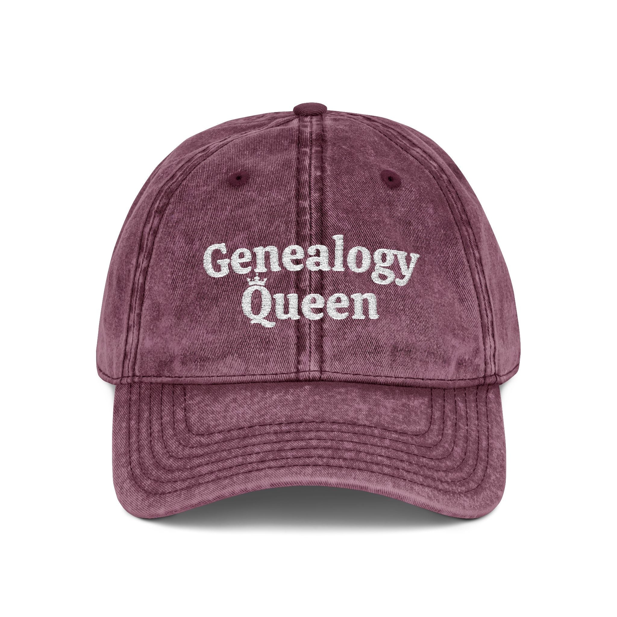 Vintage Genealogy Queen Embroidered Cap in Maroon by Genealogy Keepsakes