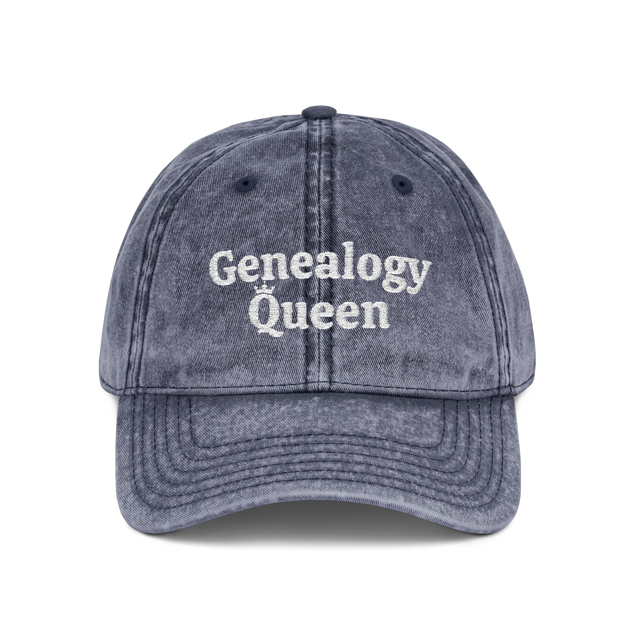Vintage Genealogy Queen Embroidered Cap in Navy by Genealogy Keepsakes