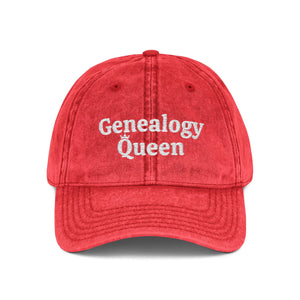 Vintage Genealogy Queen Embroidered Cap in Red by Genealogy Keepsakes