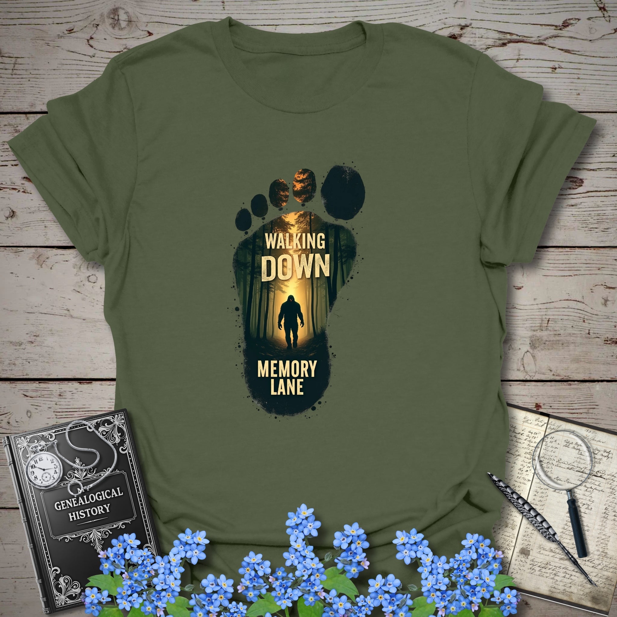 Walking Down Memory Lane T-Shirt in Military Green by Genealogy Keepsakes