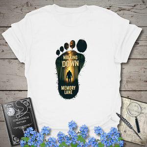 Walking Down Memory Lane T-Shirt in White by Genealogy Keepsakes