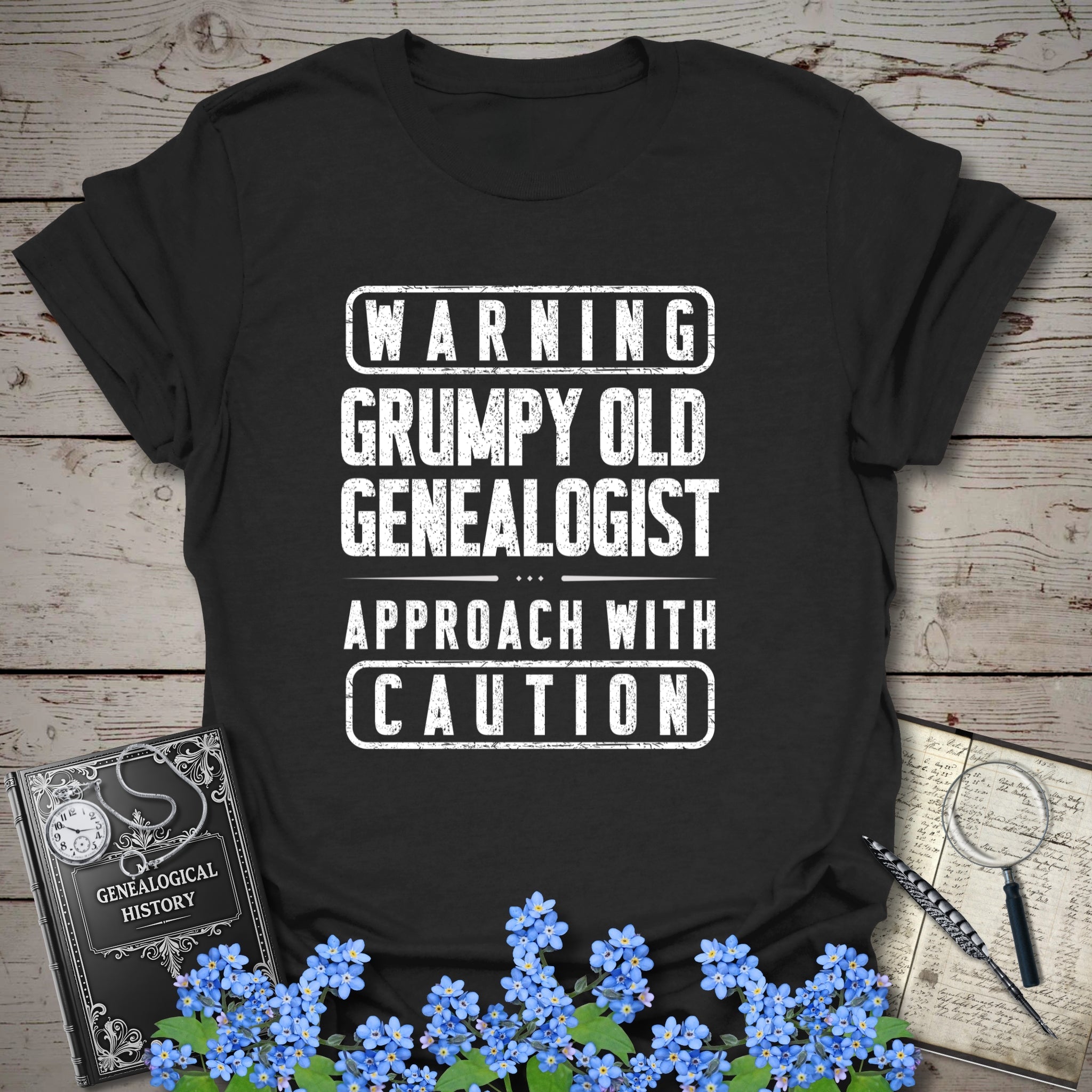 Warning - Grumpy Old Genealogist T-Shirt in Black by Genealogy Keepsakes