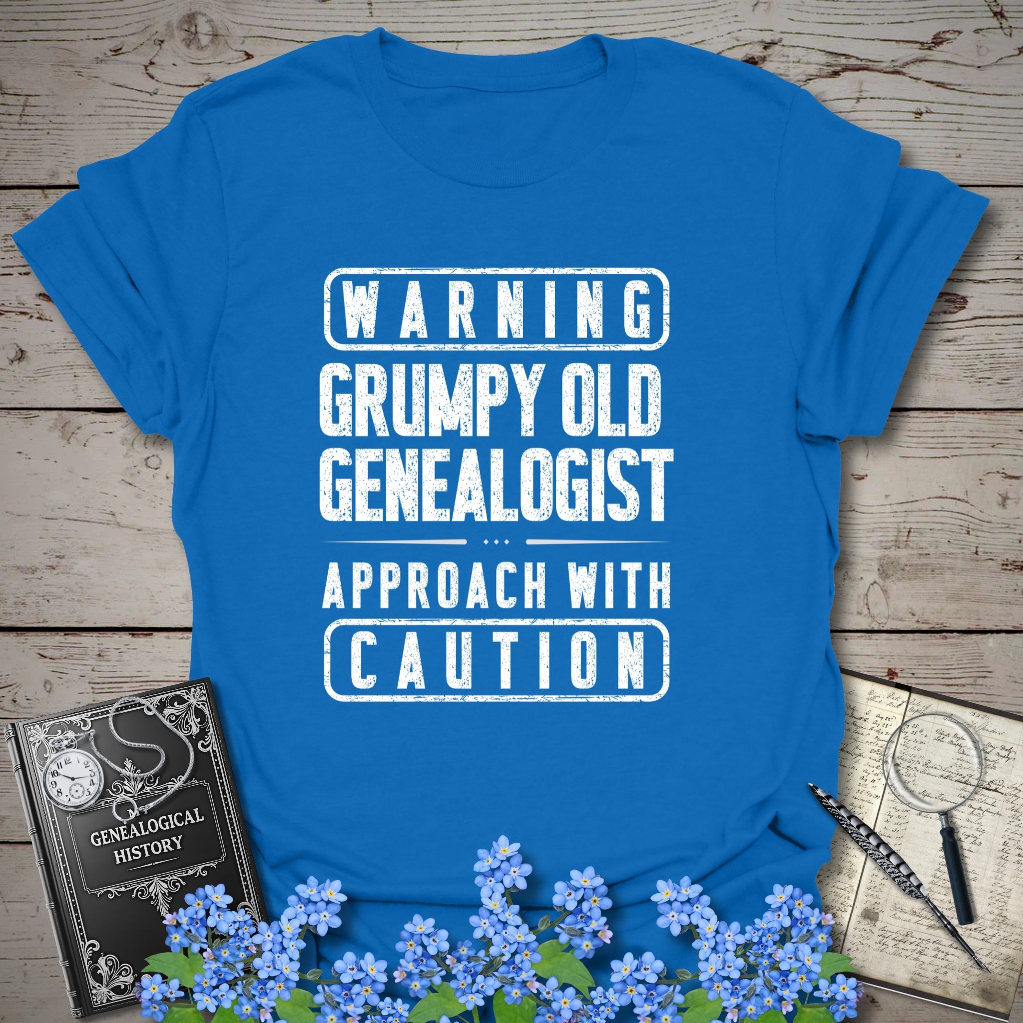 Warning - Grumpy Old Genealogist T-Shirt in Royal by Genealogy Keepsakes