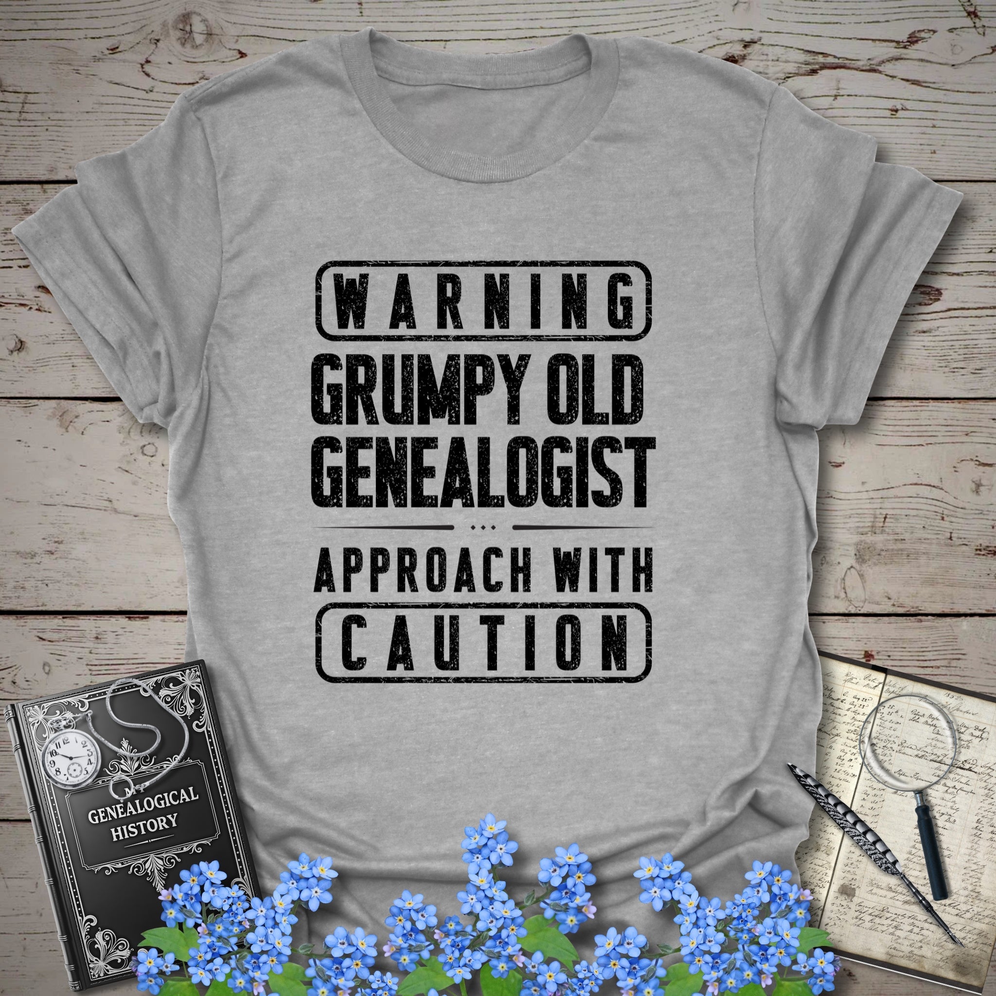 Warning - Grumpy Old Genealogist T-Shirt in Sport Grey by Genealogy Keepsakes