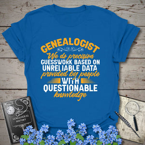 We Do Precision Guesswork T-Shirt in Royal by Genealogy Keepsakes