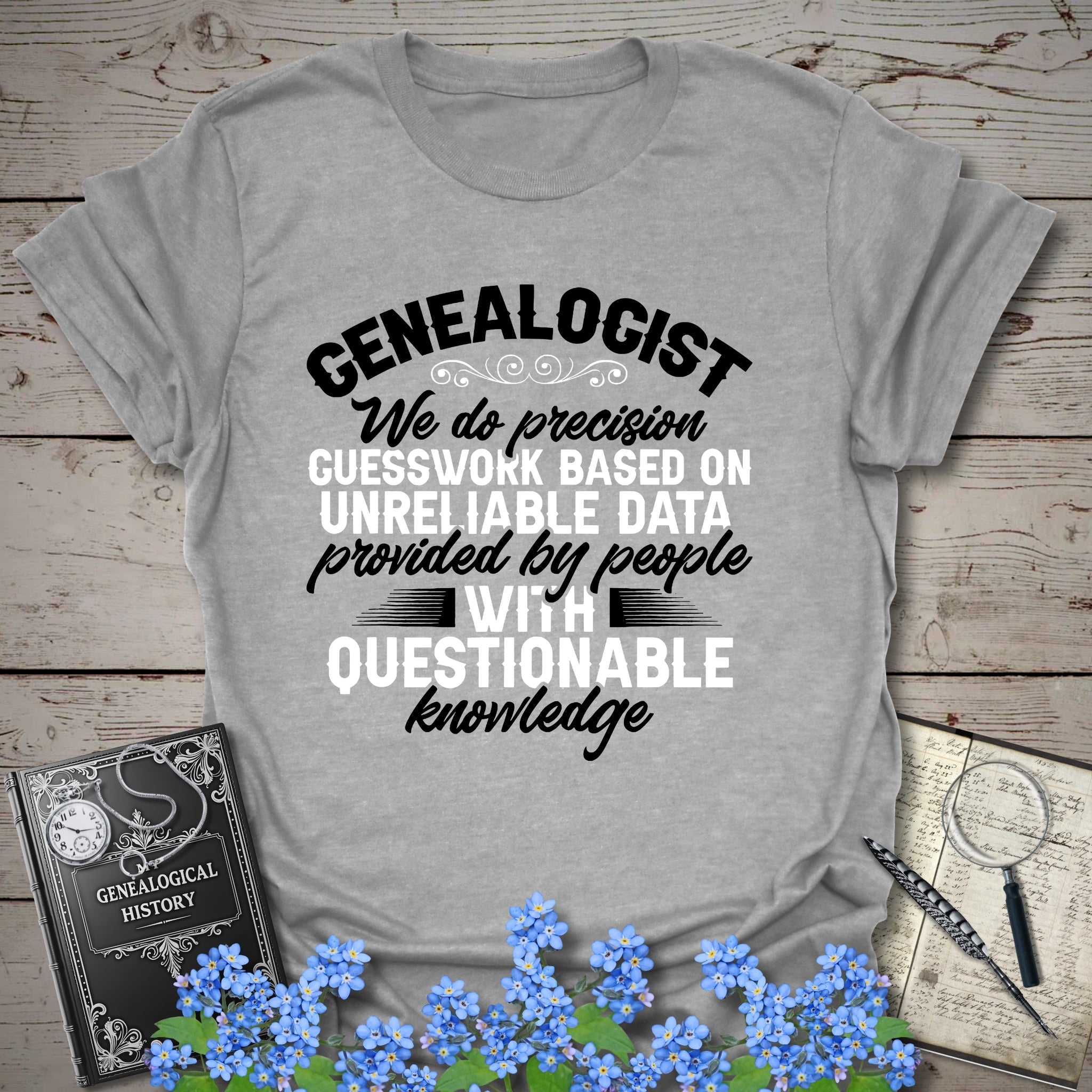 We Do Precision Guesswork T-Shirt in Sport Grey by Genealogy Keepsakes