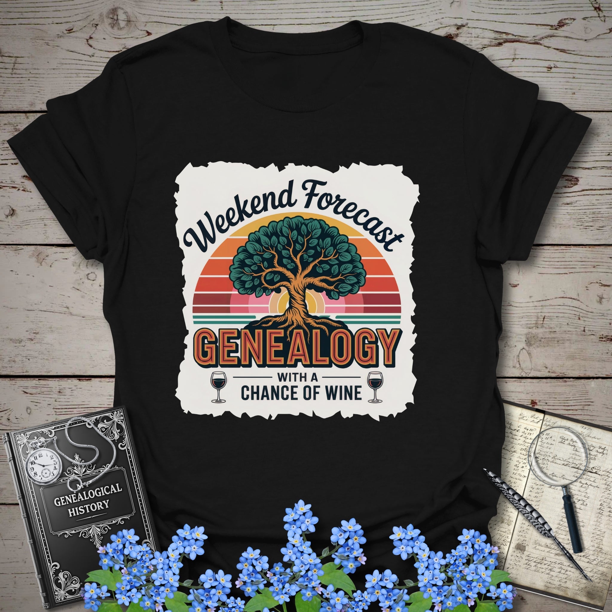 Weekend Forecast - Genealogy with a Chance of Wine T-Shirt in Black by Genealogy Keepsakes