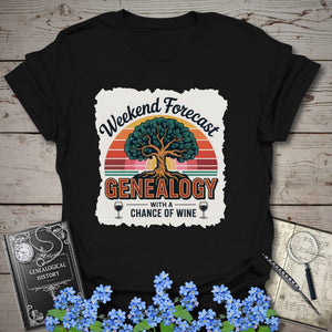 Weekend Forecast - Genealogy with a Chance of Wine T-Shirt in Black by Genealogy Keepsakes