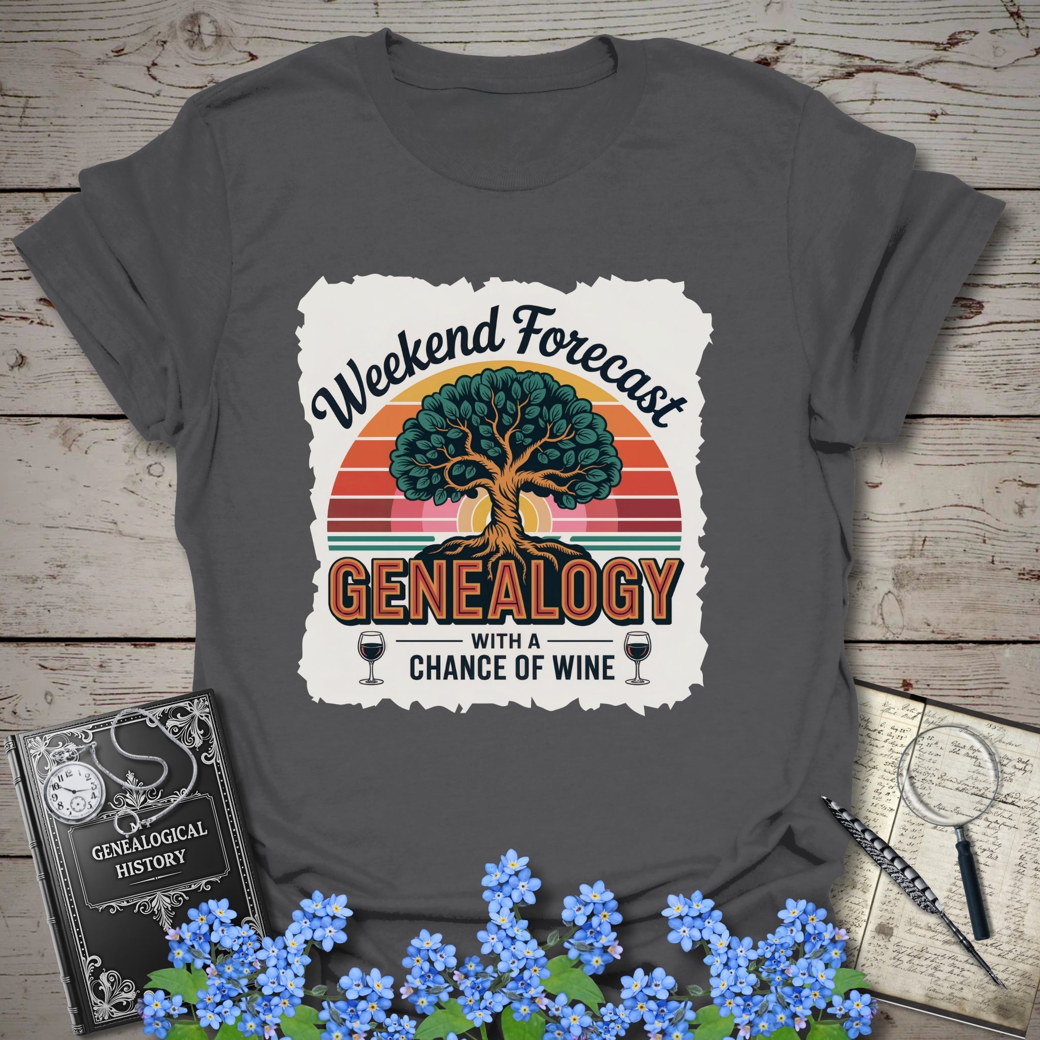 Weekend Forecast - Genealogy with a Chance of Wine T-Shirt in Charcoal by Genealogy Keepsakes