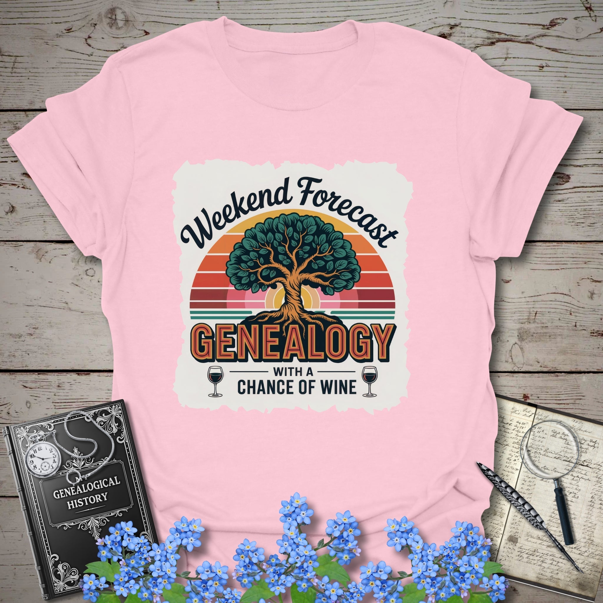 Weekend Forecast - Genealogy with a Chance of Wine T-Shirt in Light Pink by Genealogy Keepsakes