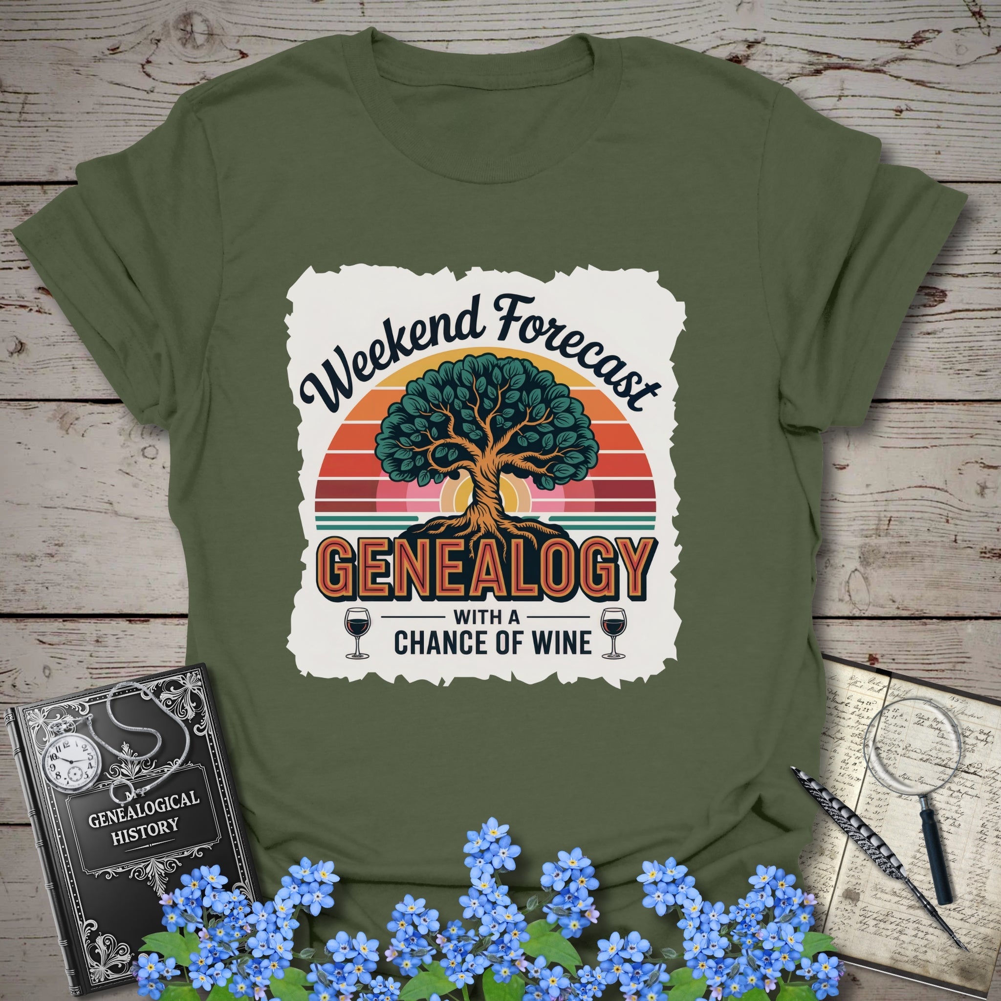 Weekend Forecast - Genealogy with a Chance of Wine T-Shirt in Military Green by Genealogy Keepsakes