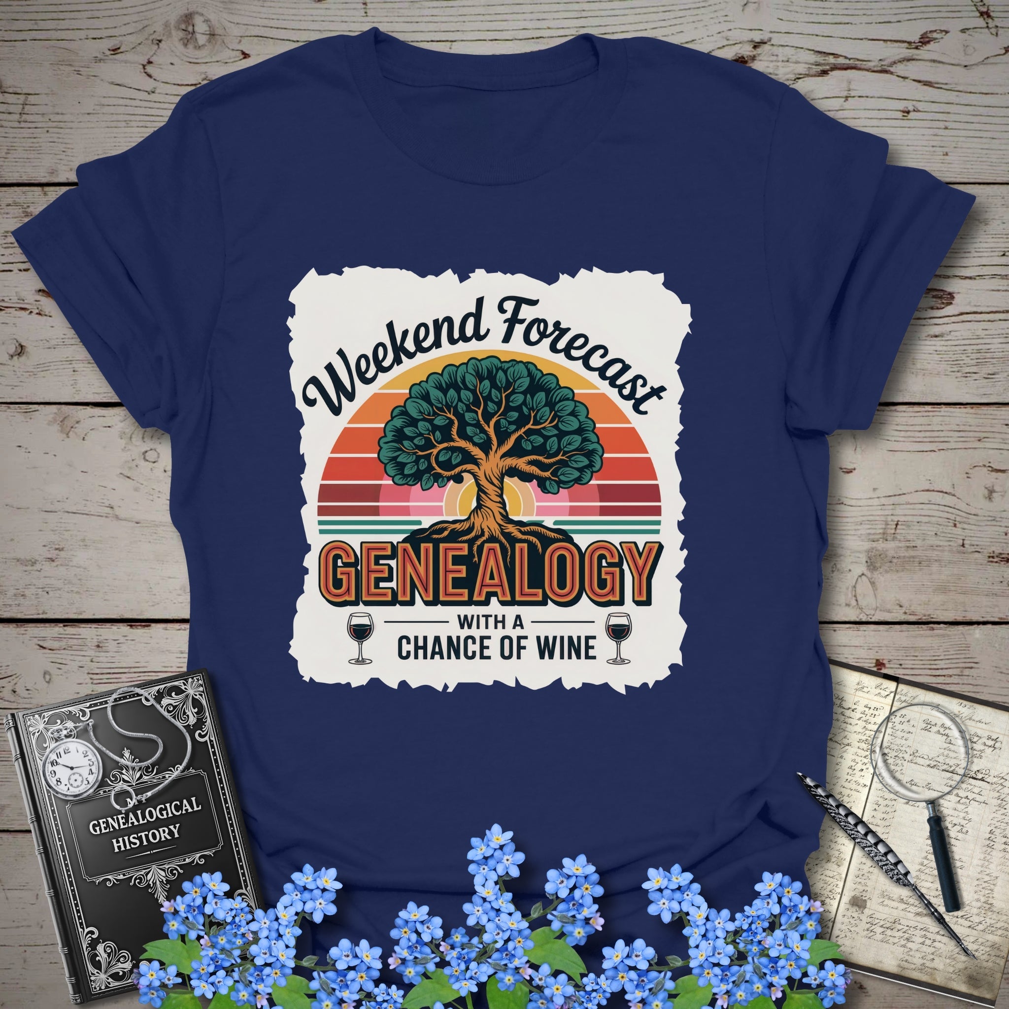 Weekend Forecast - Genealogy with a Chance of Wine T-Shirt in Navy by Genealogy Keepsakes