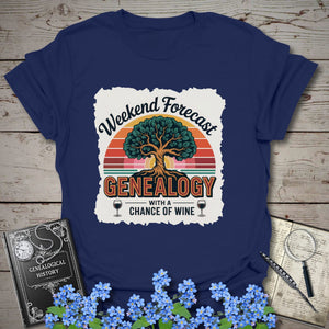 Weekend Forecast - Genealogy with a Chance of Wine T-Shirt in Navy by Genealogy Keepsakes