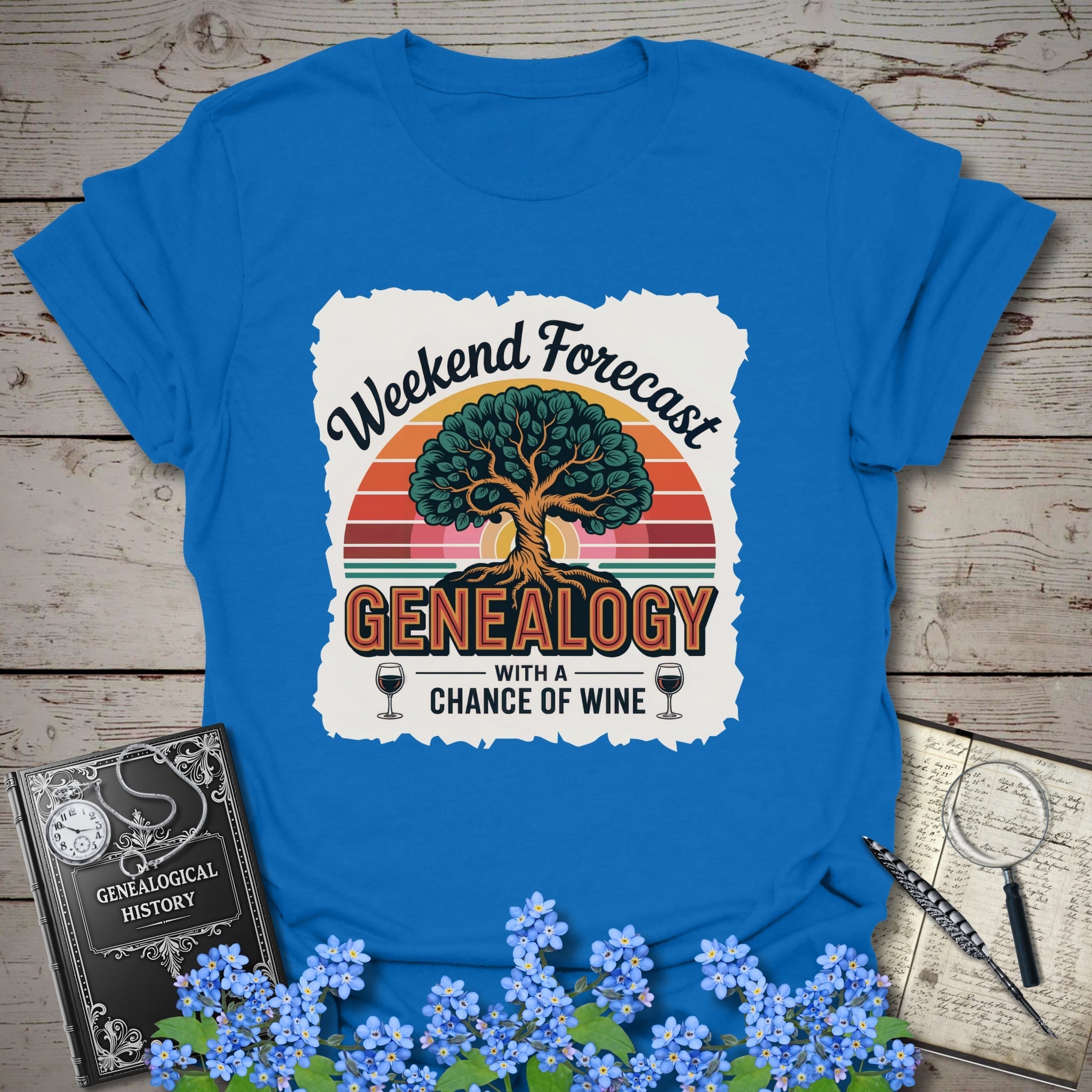 Weekend Forecast - Genealogy with a Chance of Wine T-Shirt in Royal by Genealogy Keepsakes