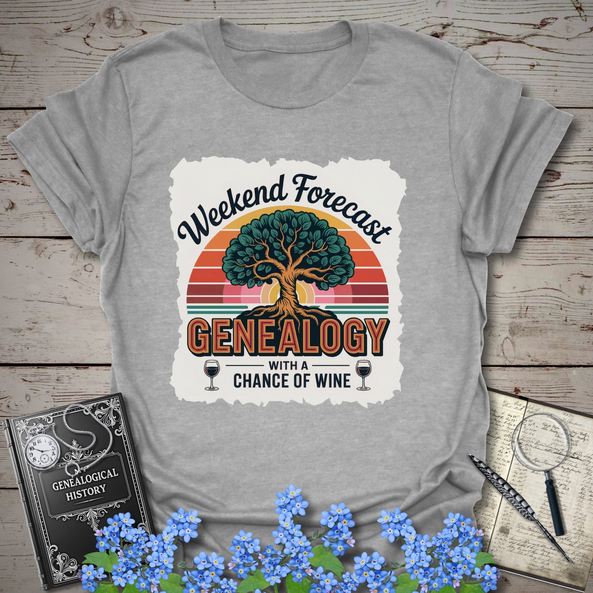 Weekend Forecast - Genealogy with a Chance of Wine T-Shirt in Sport Grey by Genealogy Keepsakes