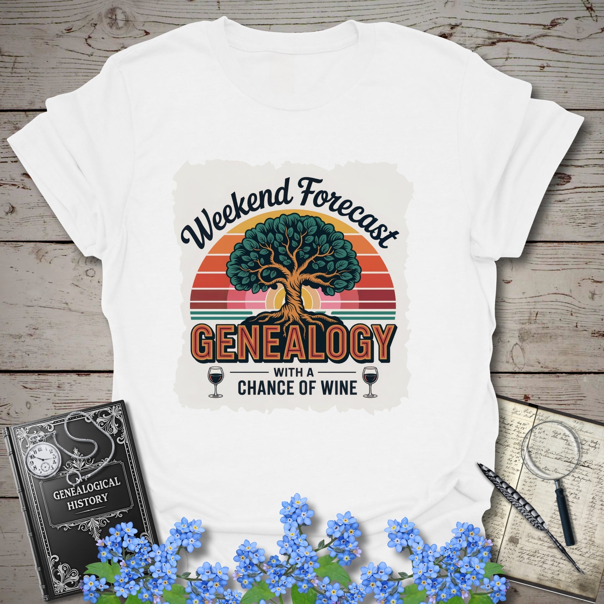 Weekend Forecast - Genealogy with a Chance of Wine T-Shirt in White by Genealogy Keepsakes