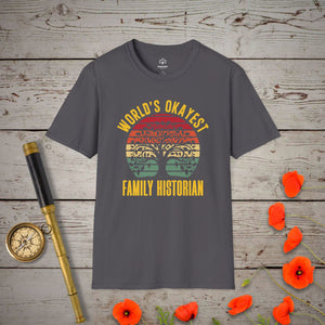 World's Okayest Family Historian T-Shirt in Charcoal by Genealogy Keepsakes