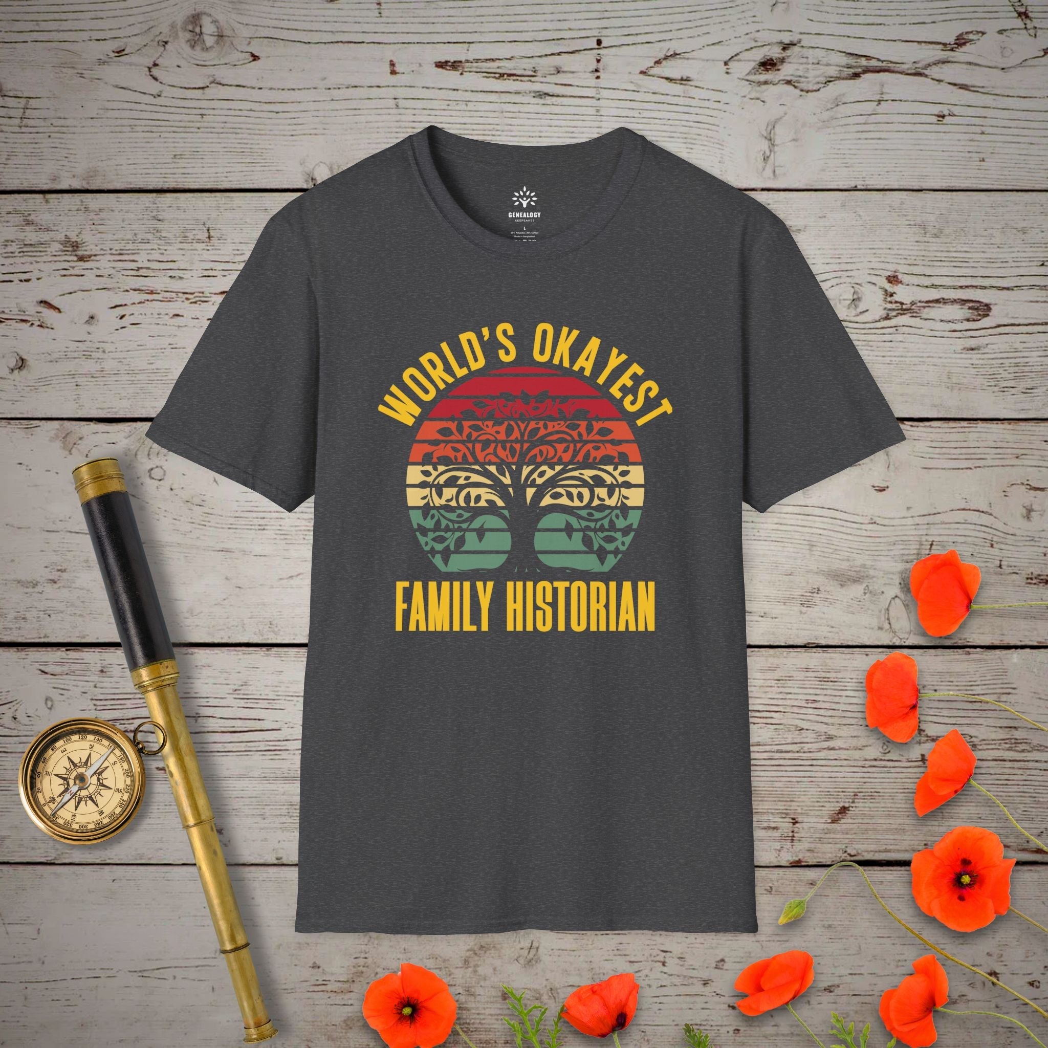 World's Okayest Family Historian T-Shirt in Dark Heather by Genealogy Keepsakes