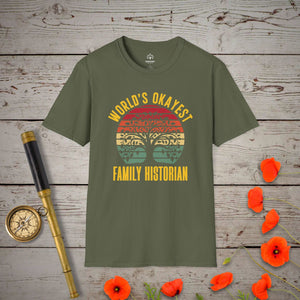 World's Okayest Family Historian T-Shirt in Military Green by Genealogy Keepsakes